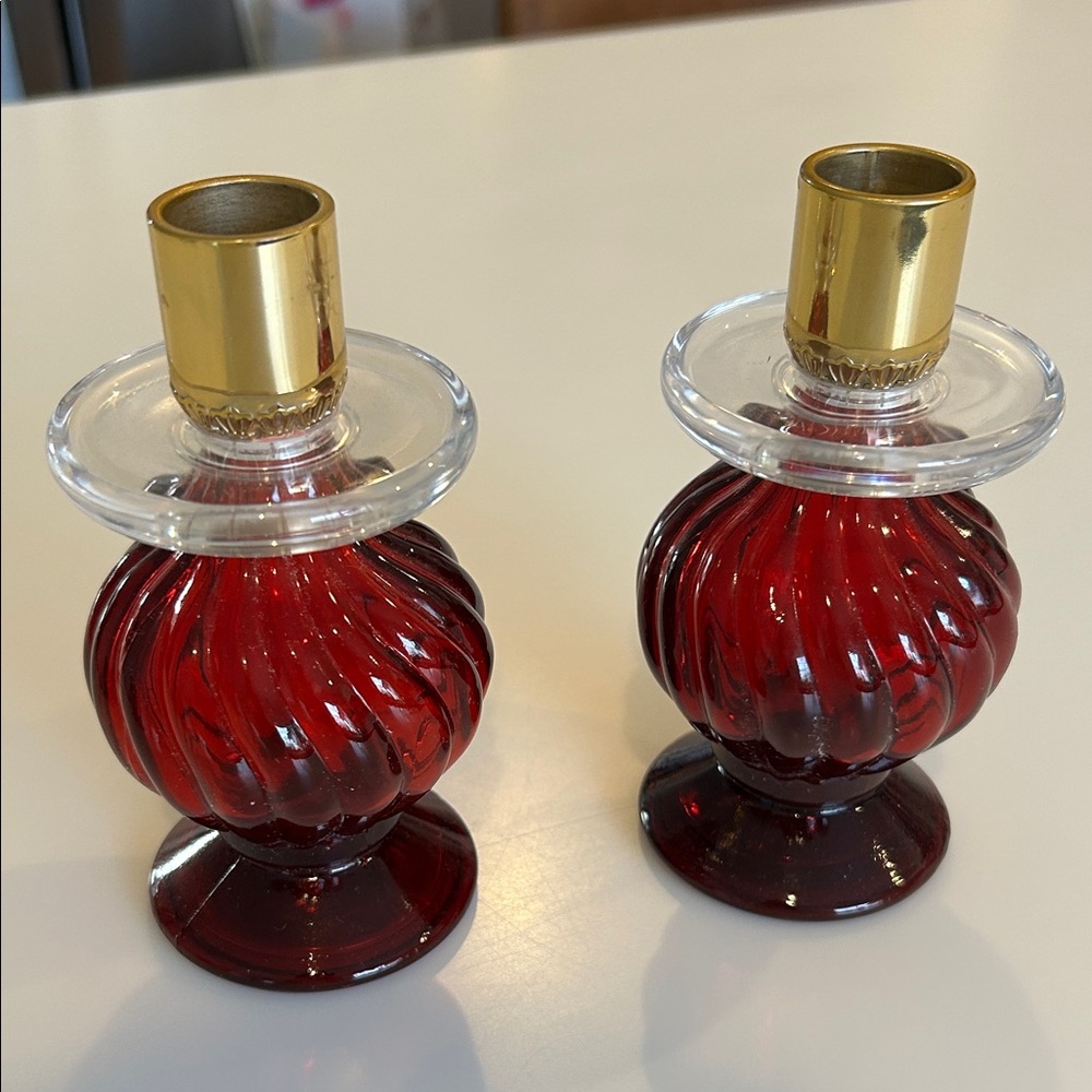 Avon Red Swirled Glass Candle Holders with Gold Trim vintage EMPTY classic look